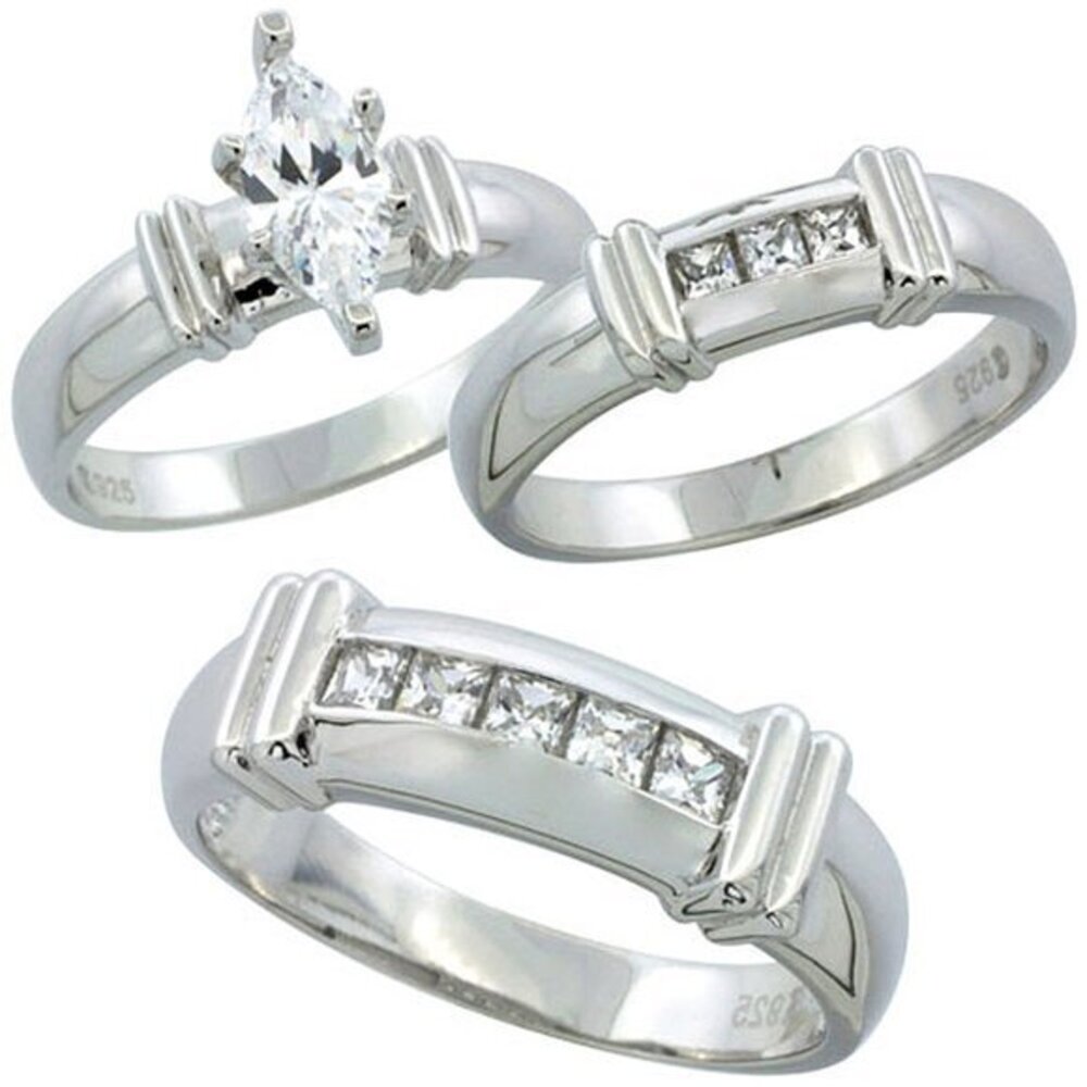 3pc set Engagement ring & wedding Bands men women bridal 3pc set